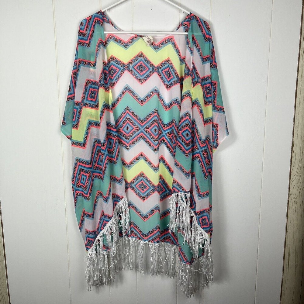 OP Juniors Women Kimono Large 11 13 Multicolor Chevron Fringe Short Sleeve Sheer